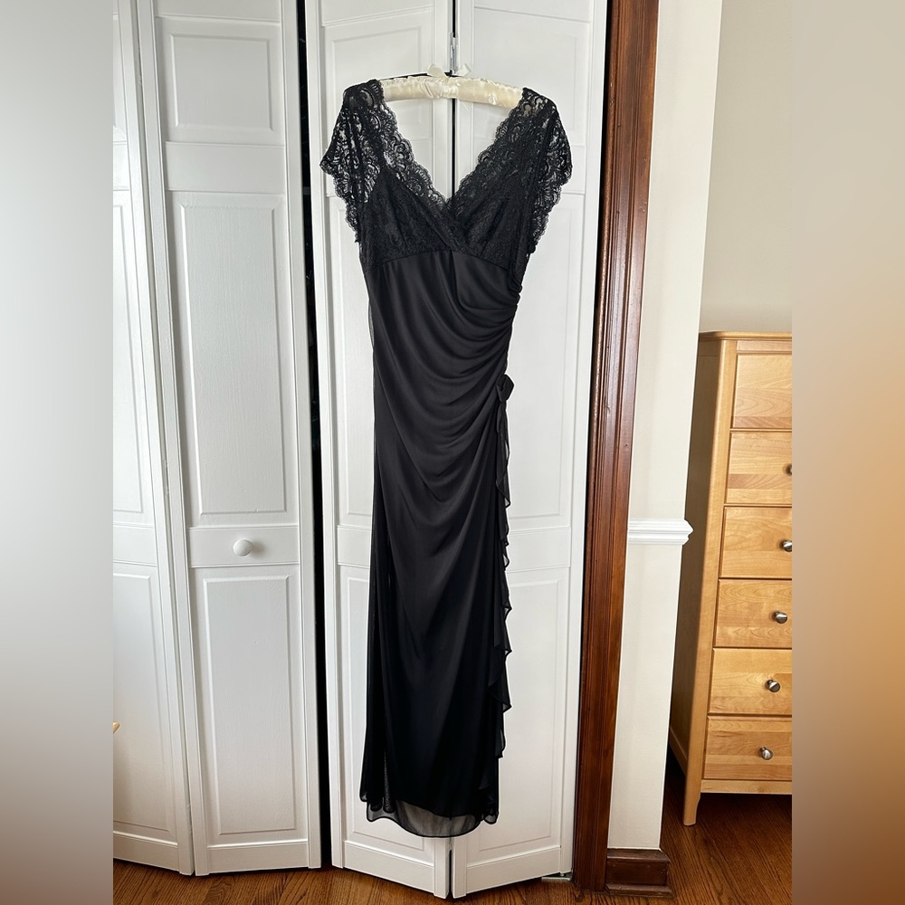 Betsy and Adam Black Lace Formal Evening Gown